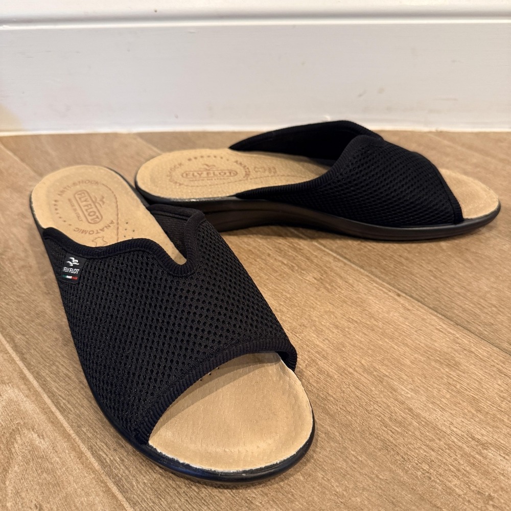 Fly Flot Shoes Womens Size 9 Black Slide Sandals Comfort Mesh Wedge Made Italy